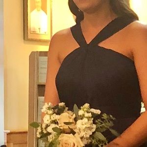 David’s Bridal Y Neck Long Gown in Marine Blue